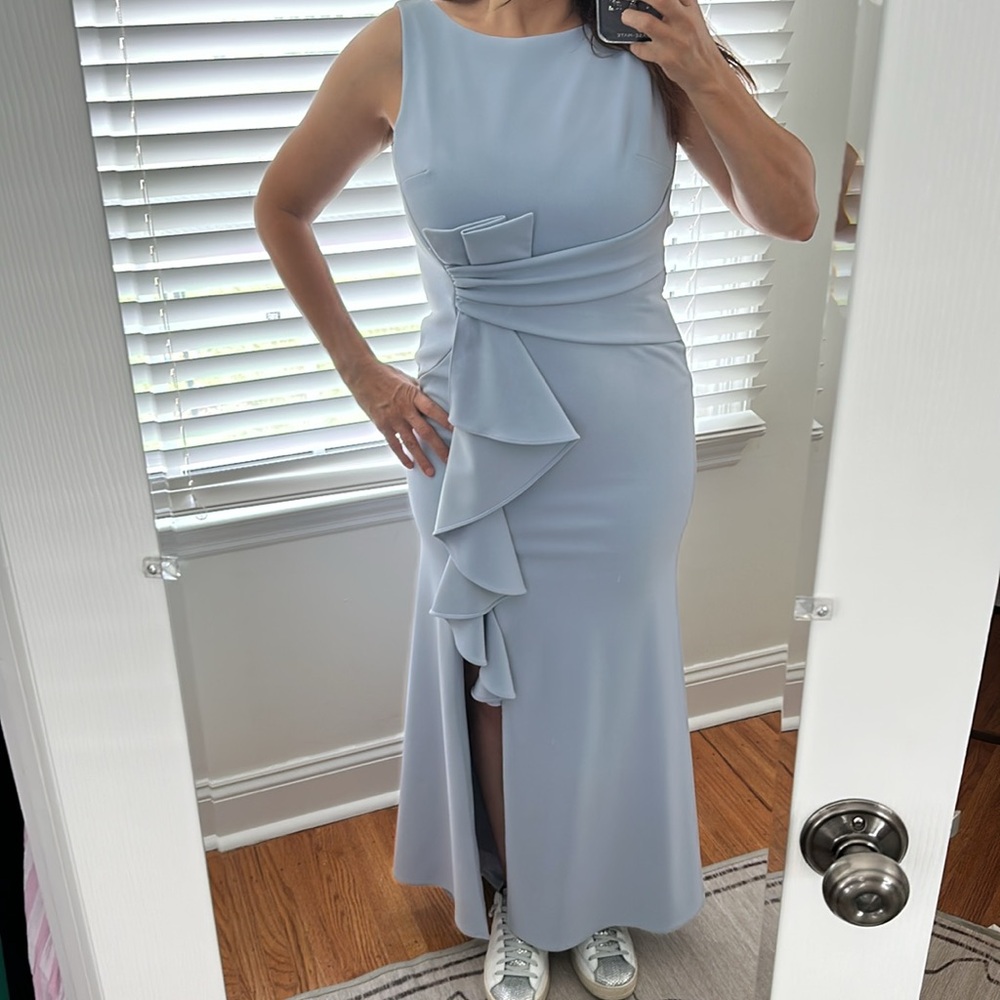 Betsy Adam’s Petite Boat-Neck Waterfall Ruffle Detail Gown 6p